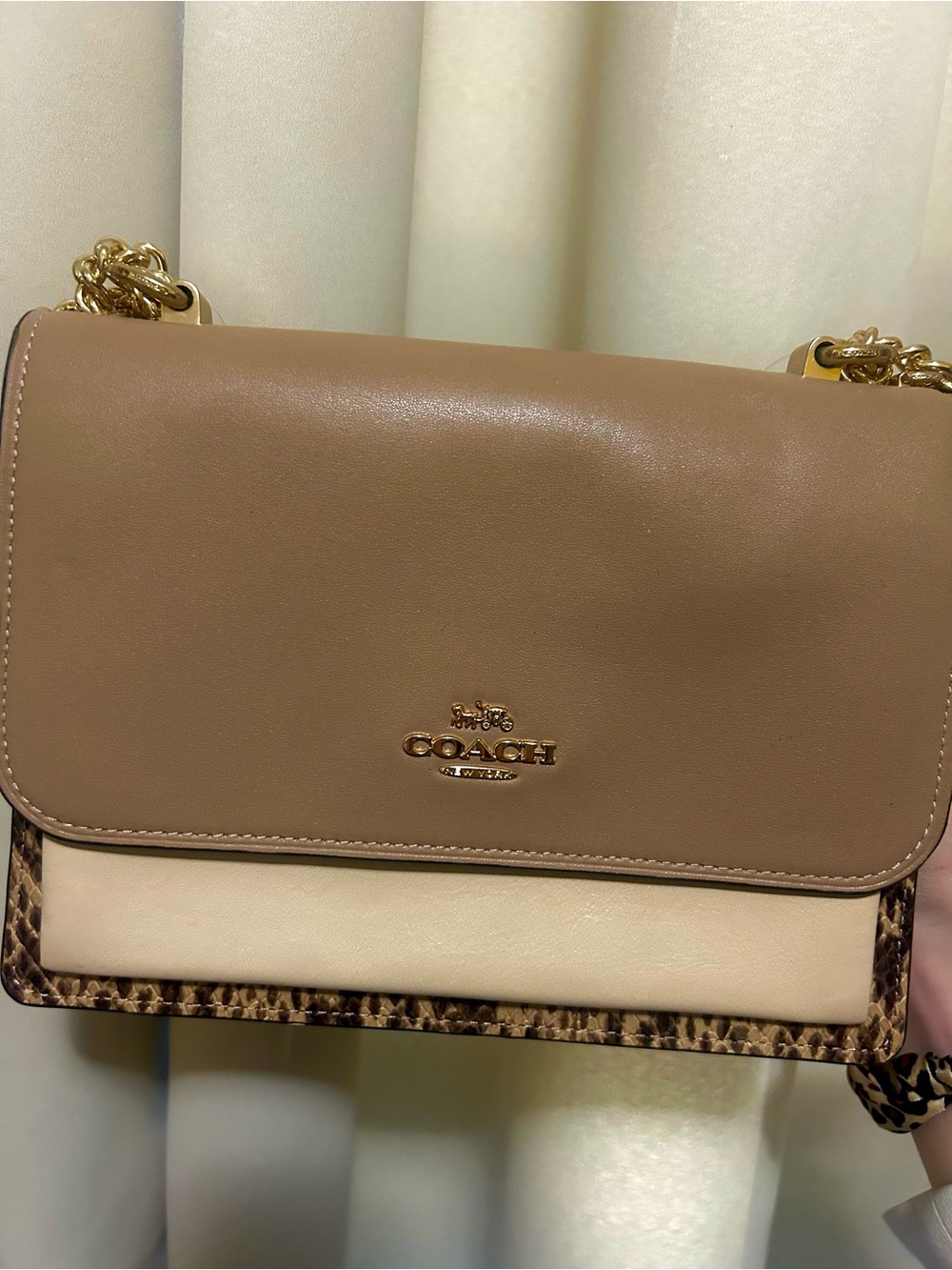 COACH Two-Tone Leather Crossbody Bag in Taupe and Cream Snakeskin
